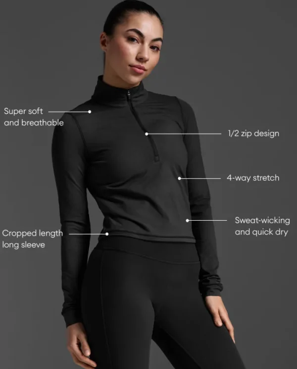 New 2XU Flex Crop 1/2 Zip Long Sleeve Black/Black