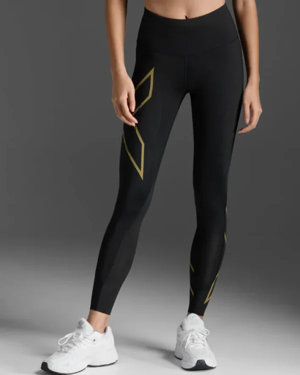 Hot 2XU Light Speed Mid-Rise Compression Tights Black/Gold Reflective