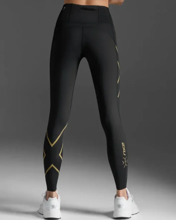 Hot 2XU Light Speed Mid-Rise Compression Tights Black/Gold Reflective