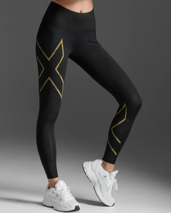 Hot 2XU Light Speed Mid-Rise Compression Tights Black/Gold Reflective