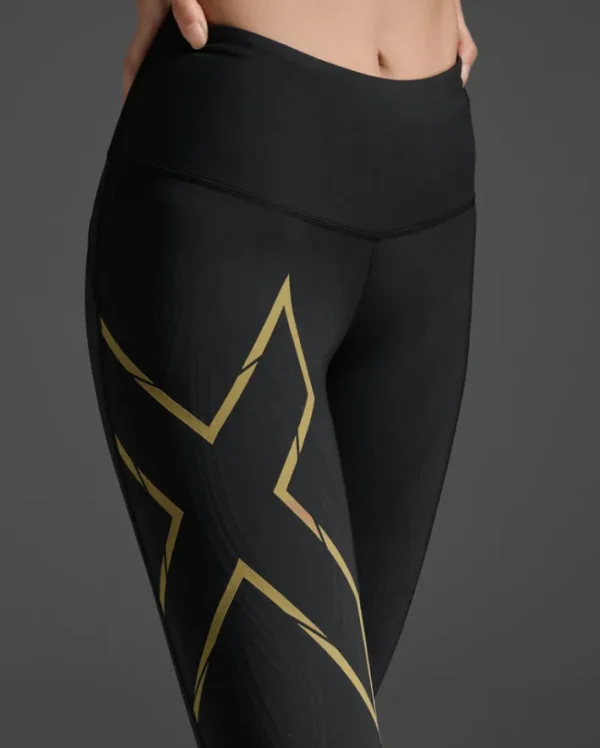 Hot 2XU Light Speed Mid-Rise Compression Tights Black/Gold Reflective